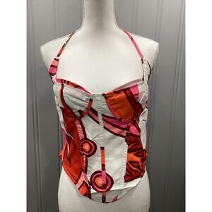 PrettyLittleThing Abstract Print Halter Corset Top Orange Pink White Size 8